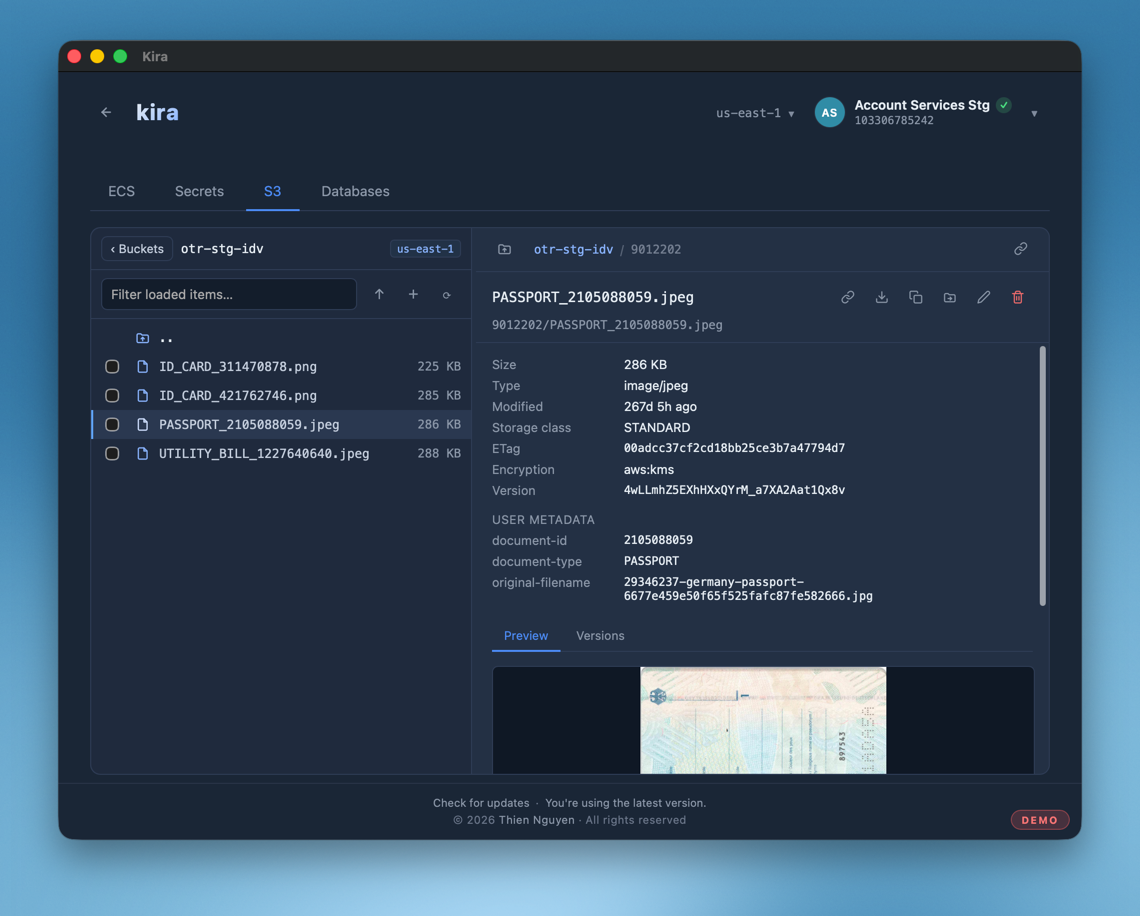 Kira’s S3 object browser with object preview and metadata